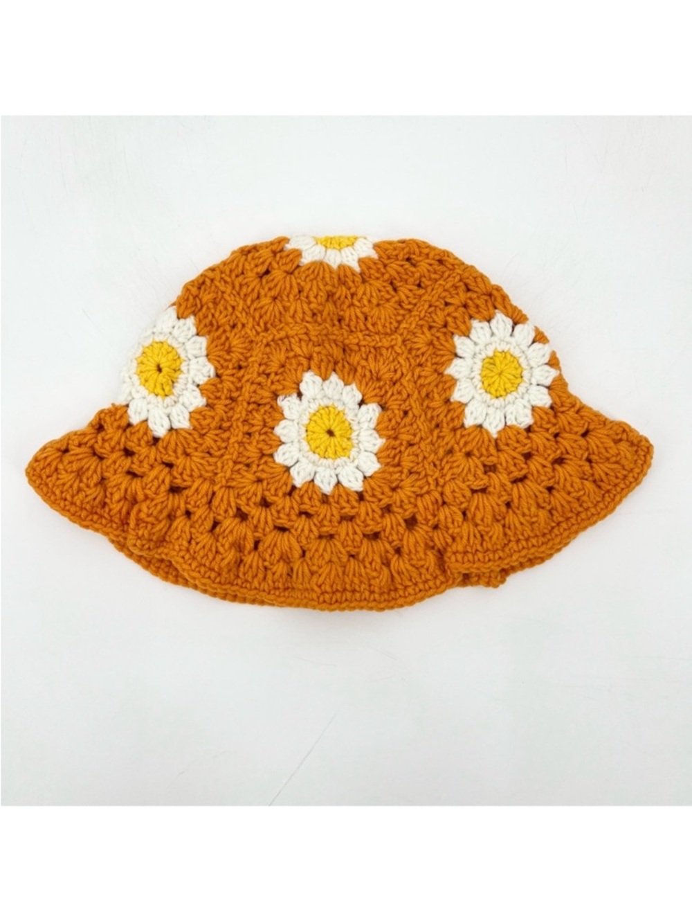 NEW Orange Daisy Floral Soft Hand Crochet Knit Retro Grannycore Bucket Hat